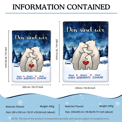 Personalisierte 5 Namen Bärenfamilie Flanell-Decke - Das sind wir - Gemütliches Geschenk für die Familie