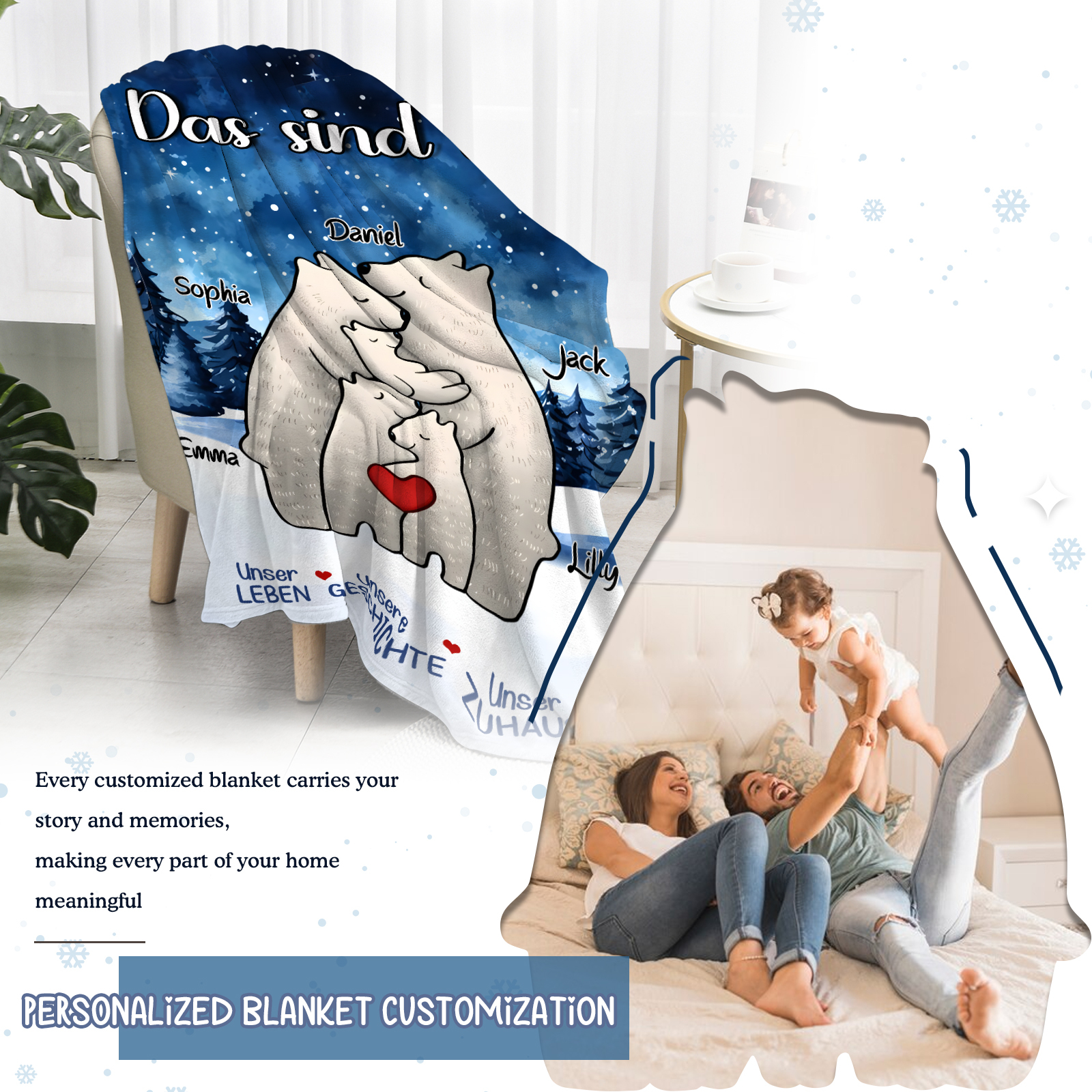 Personalisierte 5 Namen Bärenfamilie Flanell-Decke - Das sind wir - Gemütliches Geschenk für die Familie