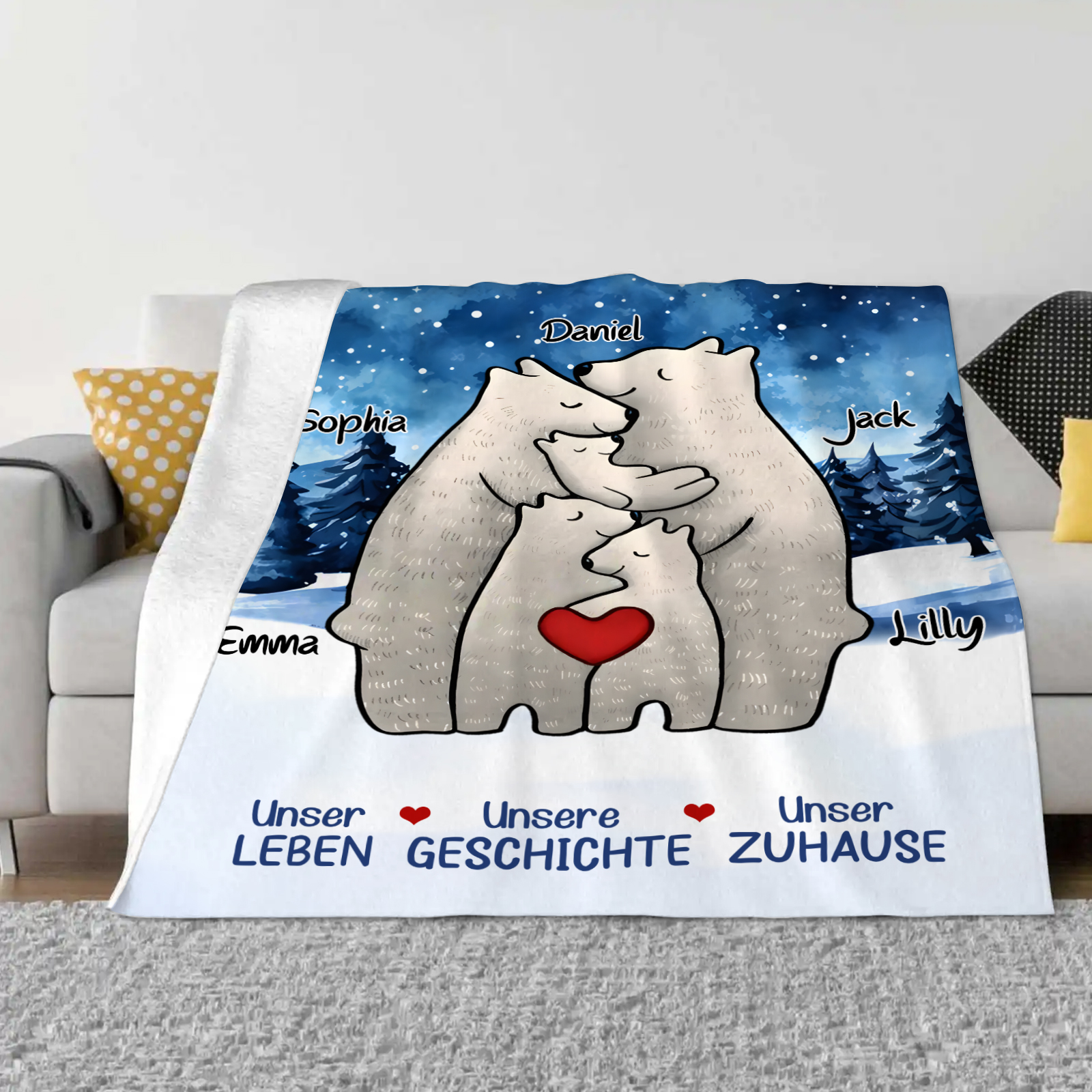 Personalisierte 5 Namen Bärenfamilie Flanell-Decke - Das sind wir - Gemütliches Geschenk für die Familie
