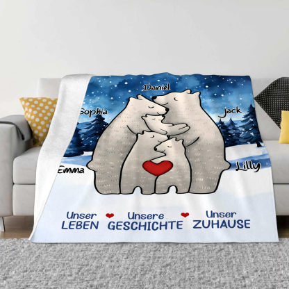 Personalisierte 5 Namen Bärenfamilie Flanell-Decke - Das sind wir - Gemütliches Geschenk für die Familie