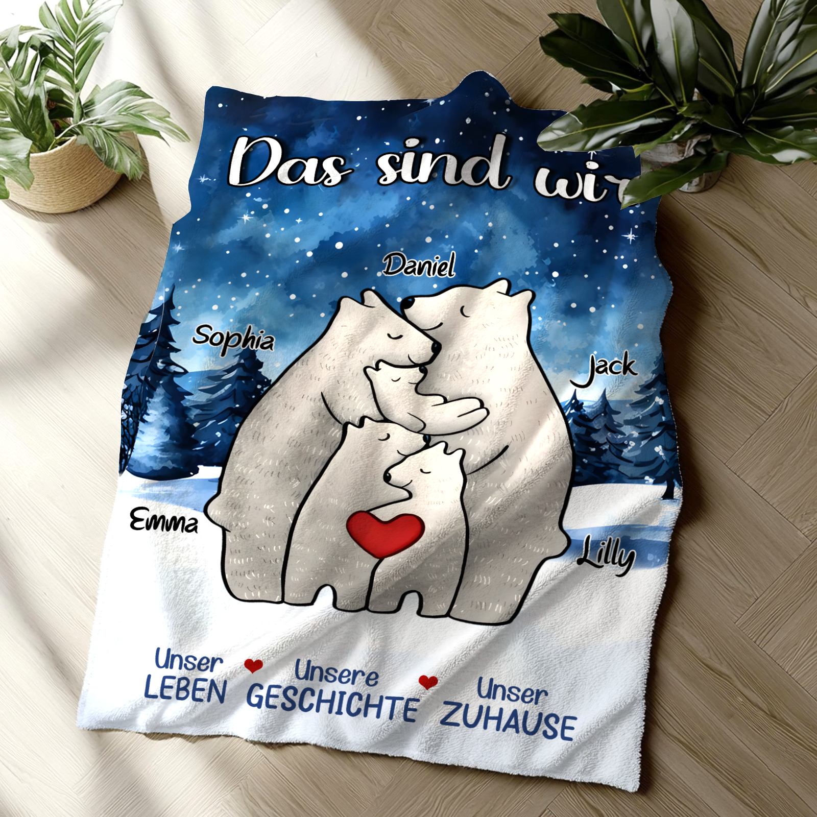 Personalisierte 5 Namen Bärenfamilie Flanell-Decke - Das sind wir - Gemütliches Geschenk für die Familie