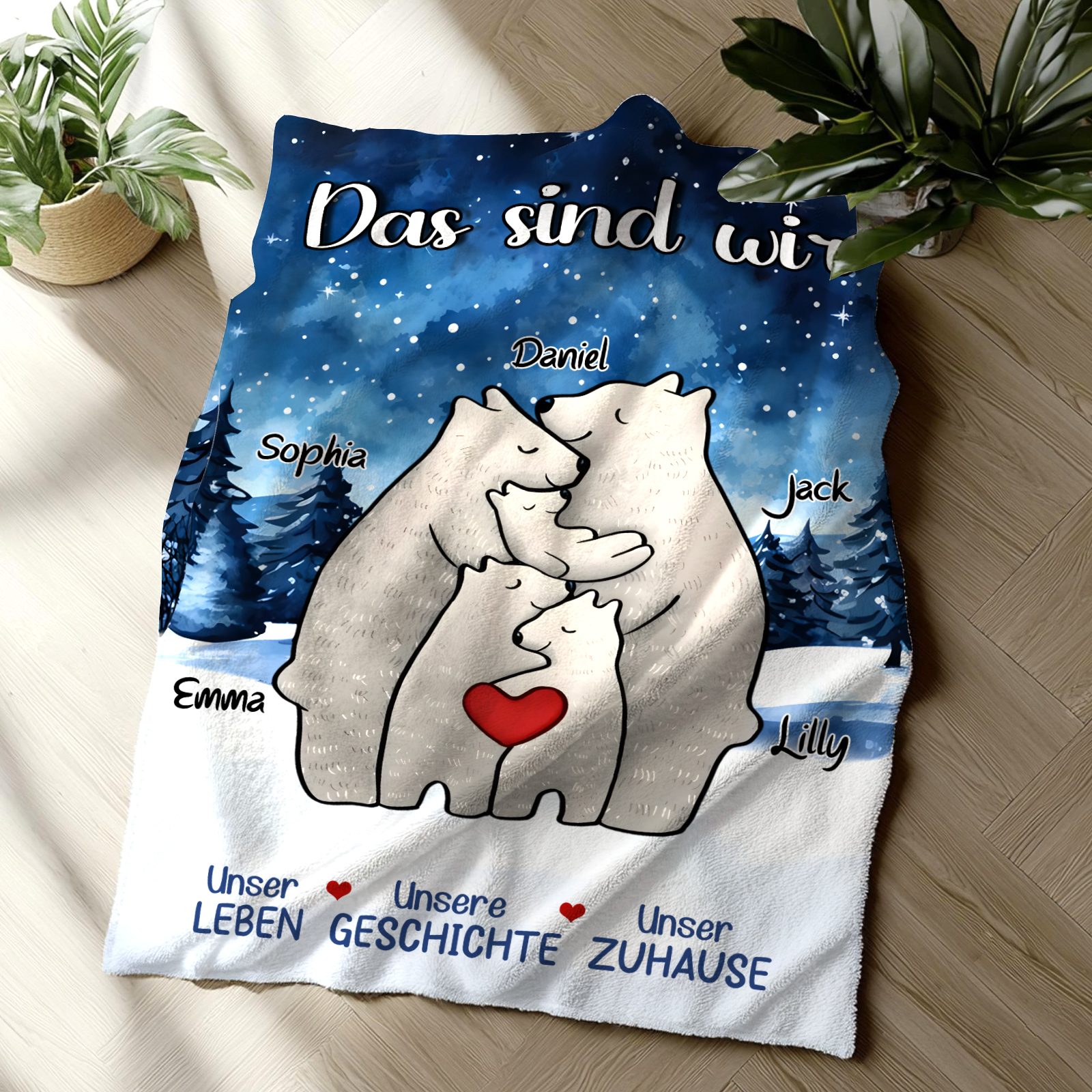 Personalisierte 5 Namen Bärenfamilie Flanell-Decke - Das sind wir - Gemütliches Geschenk für die Familie