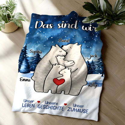 Personalisierte 5 Namen Bärenfamilie Flanell-Decke - Das sind wir - Gemütliches Geschenk für die Familie