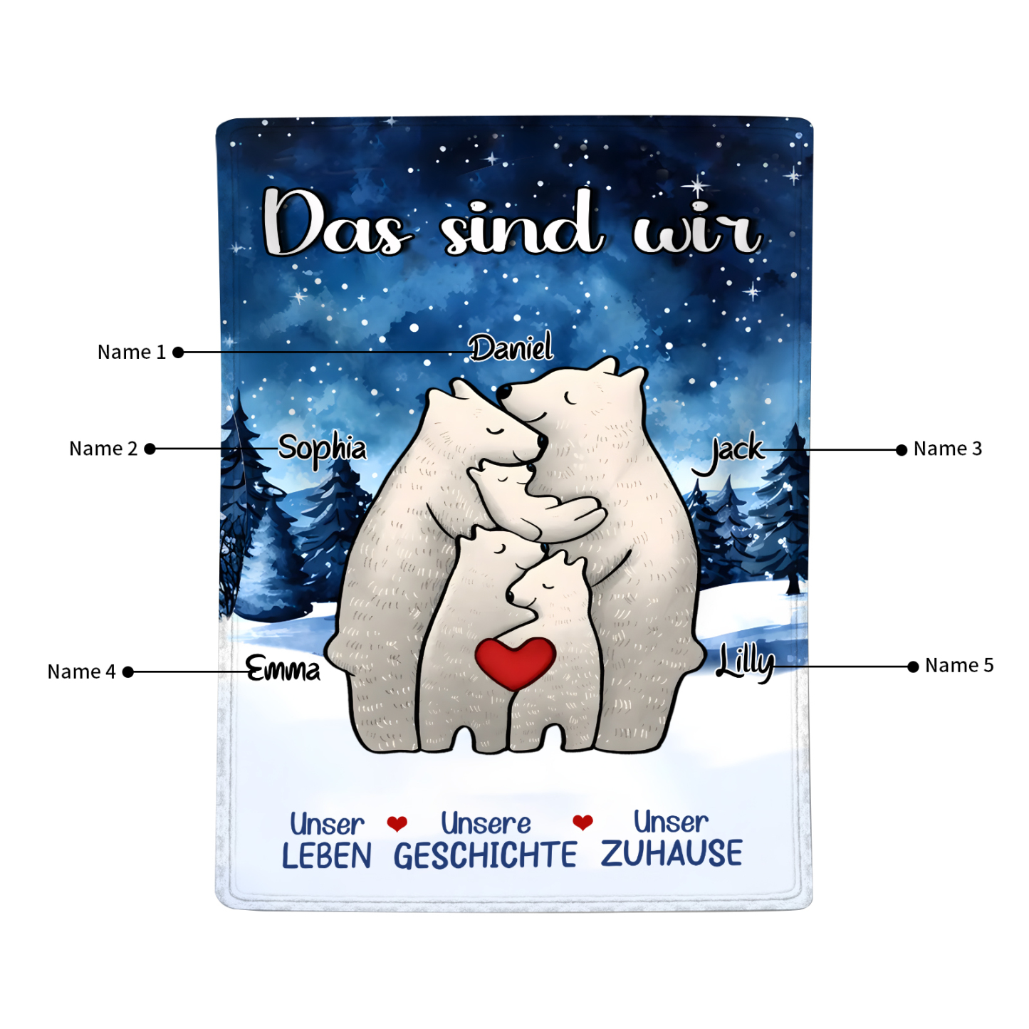 Personalisierte 5 Namen Bärenfamilie Flanell-Decke - Das sind wir - Gemütliches Geschenk für die Familie