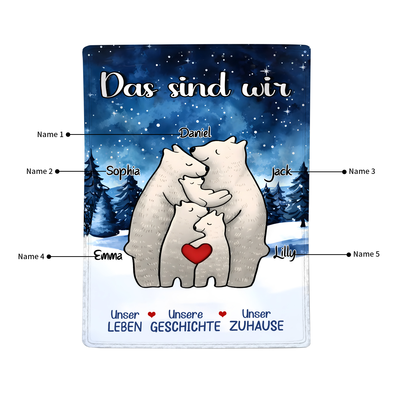 Personalisierte 5 Namen Bärenfamilie Flanell-Decke - Das sind wir - Gemütliches Geschenk für die Familie
