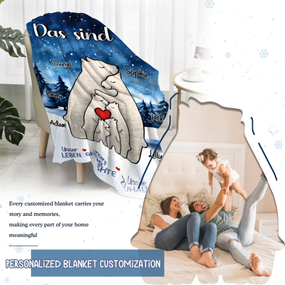Personalisierte 6 Namen Bärenfamilie Flanell-Decke - Das sind wir - Gemütliches Geschenk für die Familie