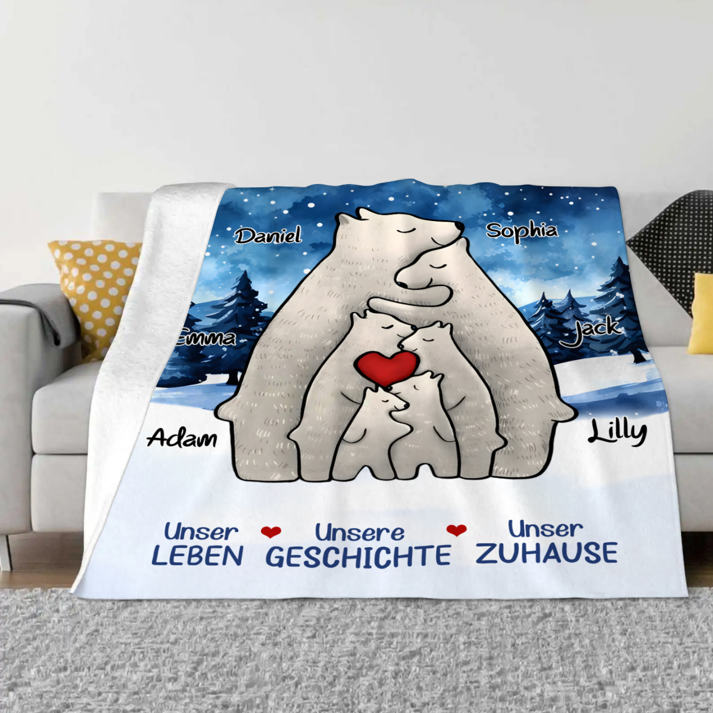 Personalisierte 6 Namen Bärenfamilie Flanell-Decke - Das sind wir - Gemütliches Geschenk für die Familie