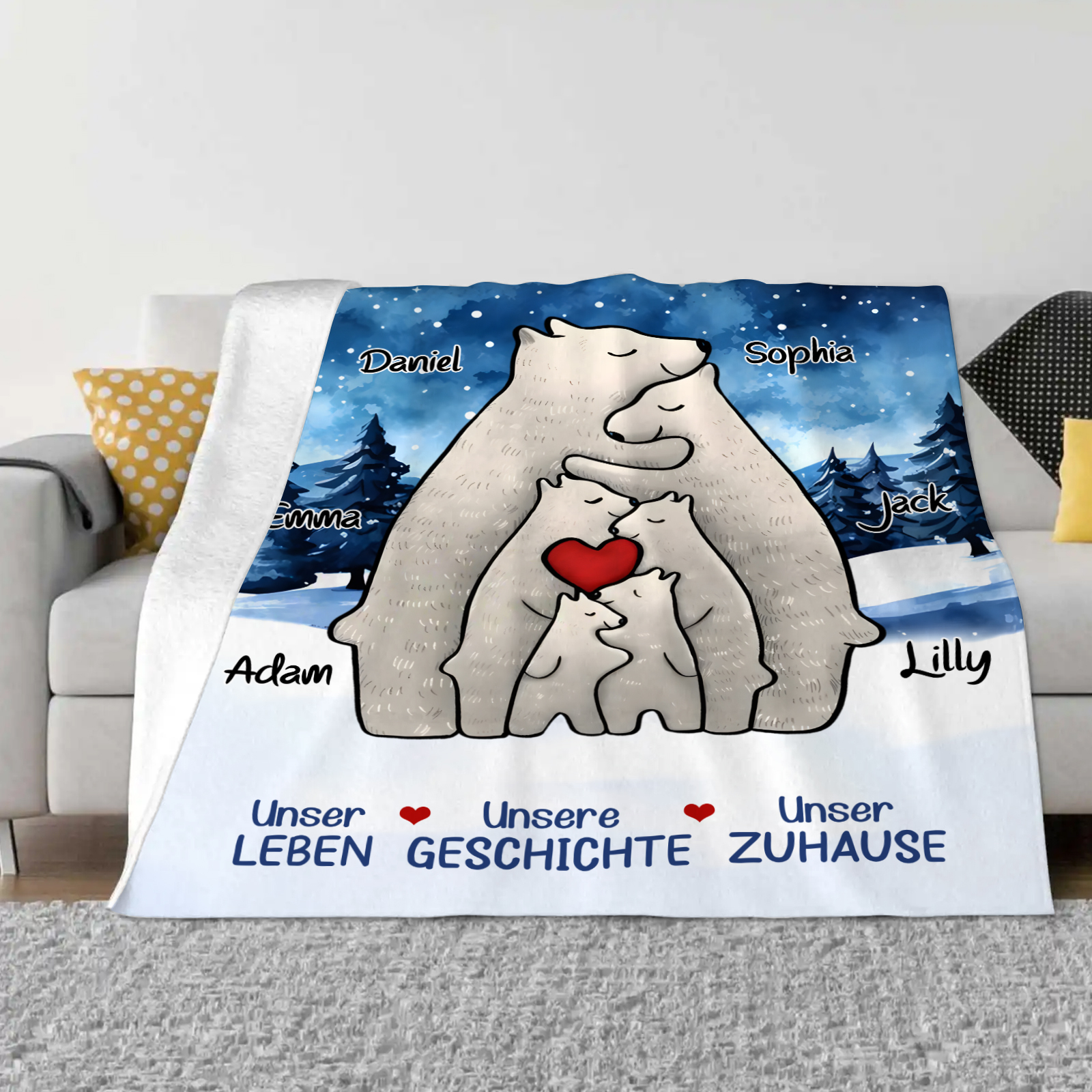 Personalisierte 6 Namen Bärenfamilie Flanell-Decke - Das sind wir - Gemütliches Geschenk für die Familie