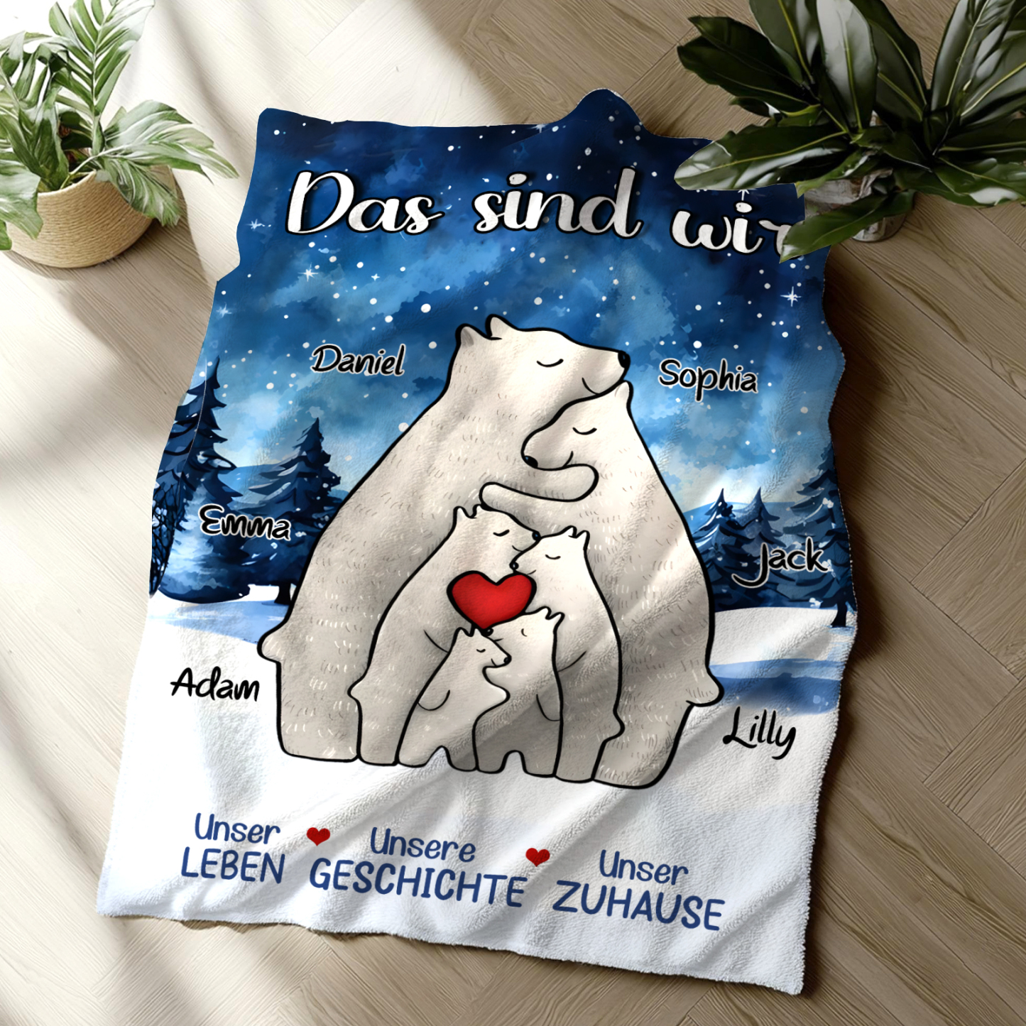 Personalisierte 6 Namen Bärenfamilie Flanell-Decke - Das sind wir - Gemütliches Geschenk für die Familie