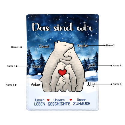 Personalisierte 6 Namen Bärenfamilie Flanell-Decke - Das sind wir - Gemütliches Geschenk für die Familie