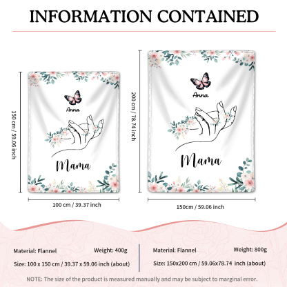 Personalisierte 1-8 Namen & Text Schmetterling & Hand Flanell Decke – Kuscheliges Geschenk für Mutter Familie