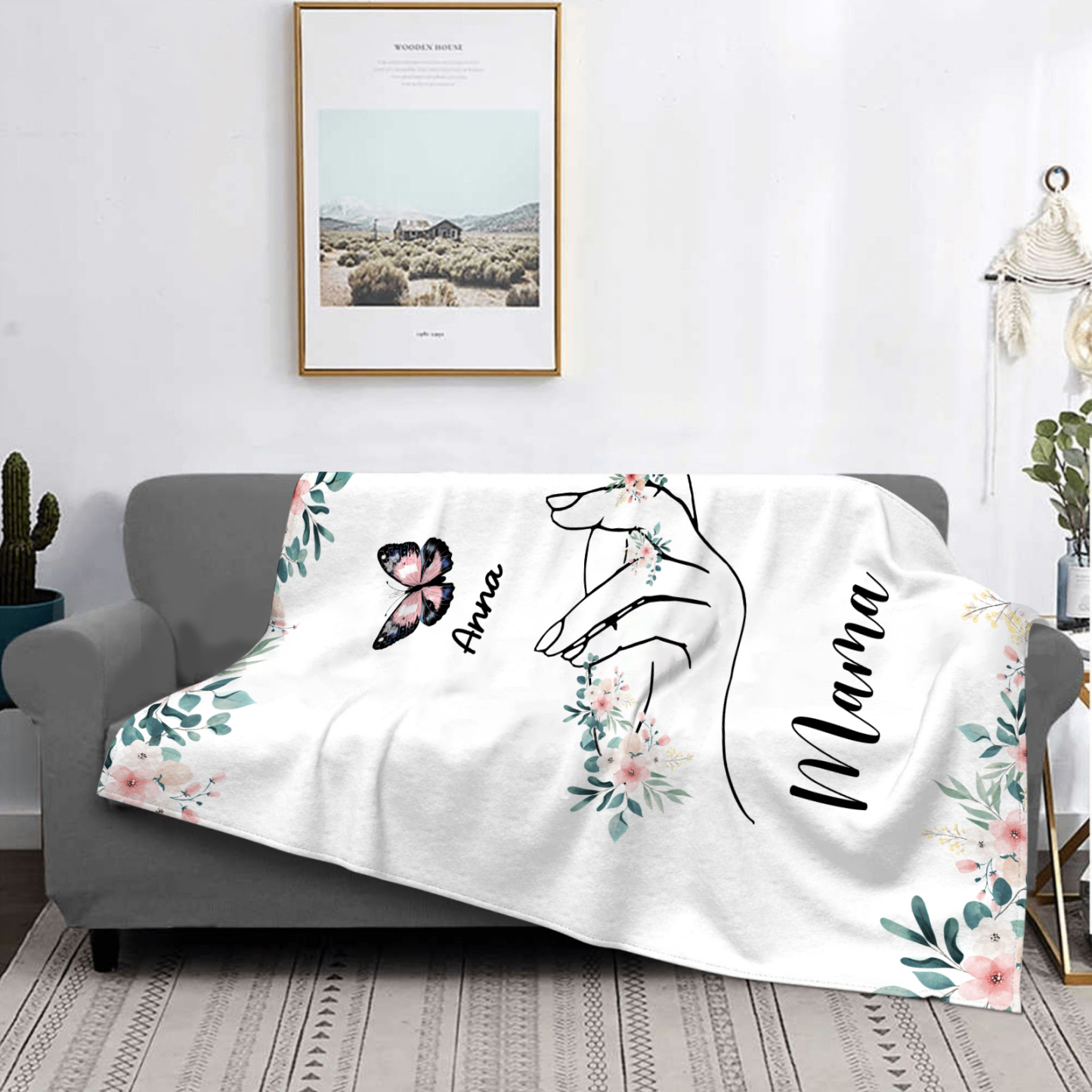 Personalisierte 1-8 Namen & Text Schmetterling & Hand Flanell Decke – Kuscheliges Geschenk für Mutter Familie