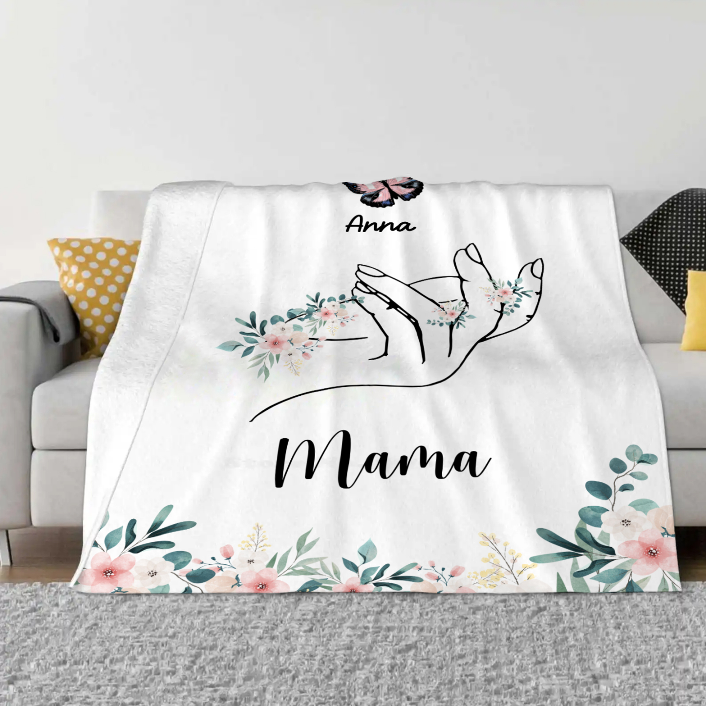 Personalisierte 1-8 Namen & Text Schmetterling & Hand Flanell Decke – Kuscheliges Geschenk für Mutter Familie
