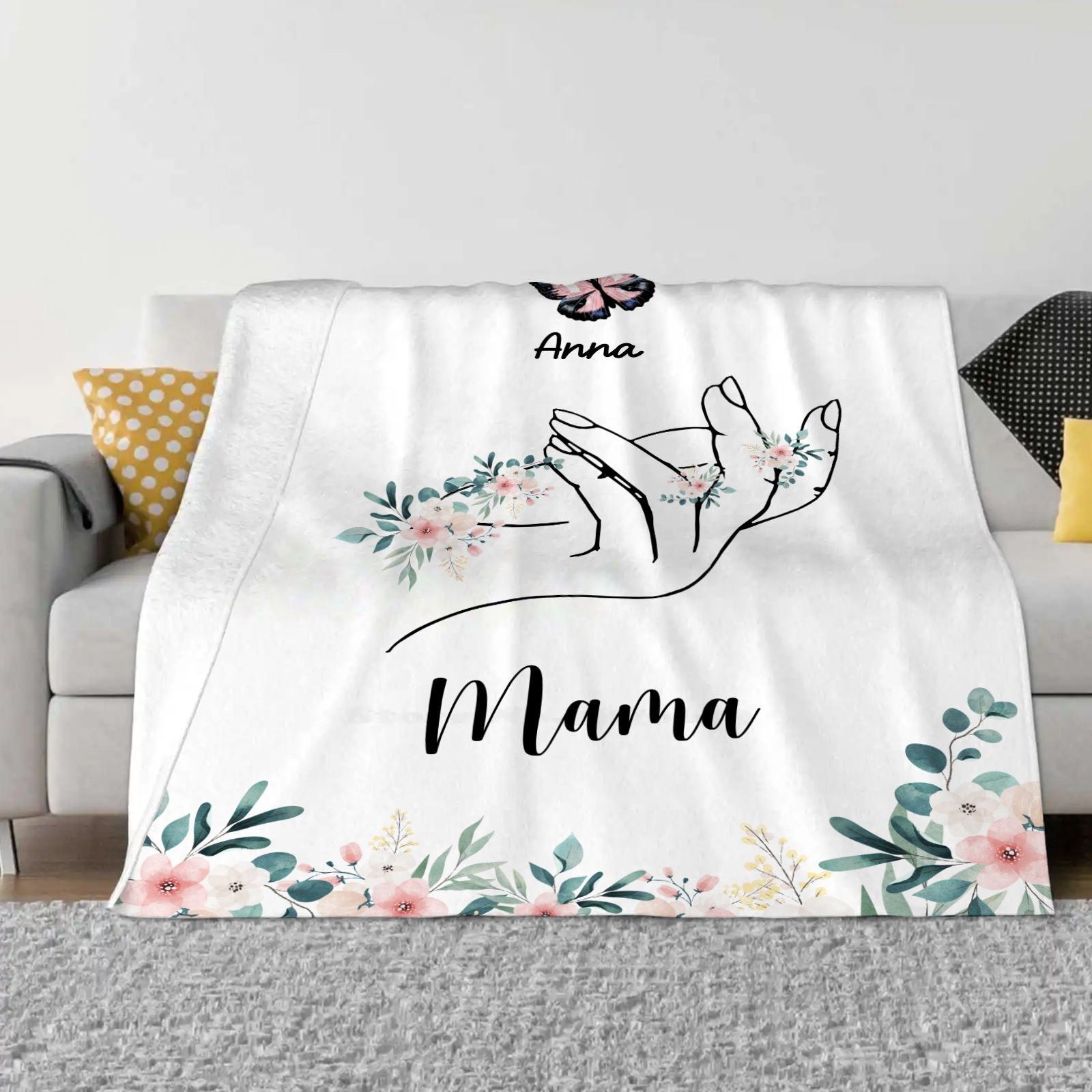 Personalisierte 1-8 Namen & Text Schmetterling & Hand Flanell Decke – Kuscheliges Geschenk für Mutter Familie