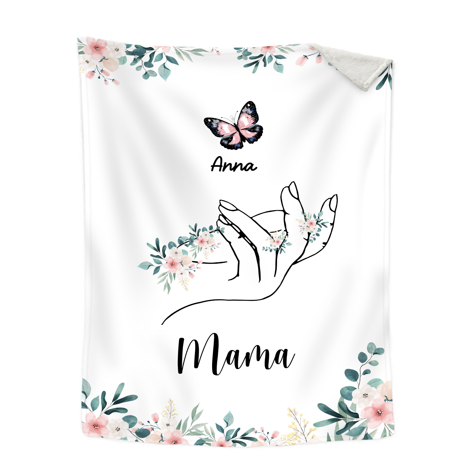 Personalisierte 1-8 Namen & Text Schmetterling & Hand Flanell Decke – Kuscheliges Geschenk für Mutter Familie