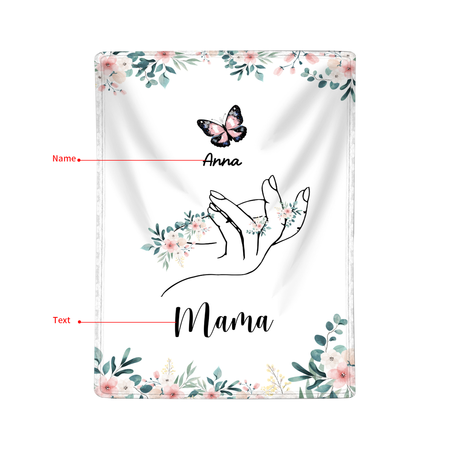 Personalisierte 1-8 Namen Schmetterling und Hand-in-Hand Flanelldecke