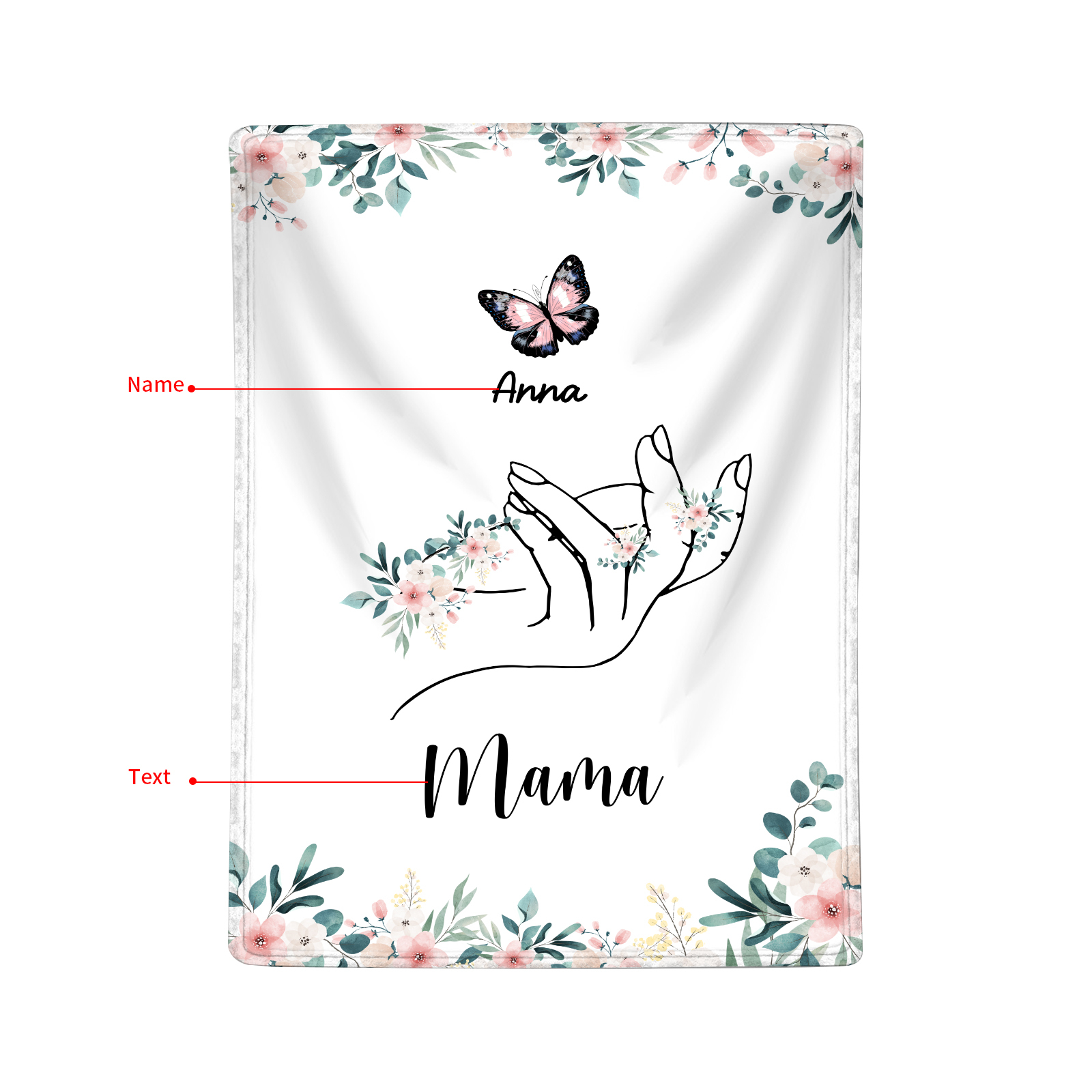 Personalisierte 1-8 Namen Schmetterling und Hand-in-Hand Flanelldecke 
