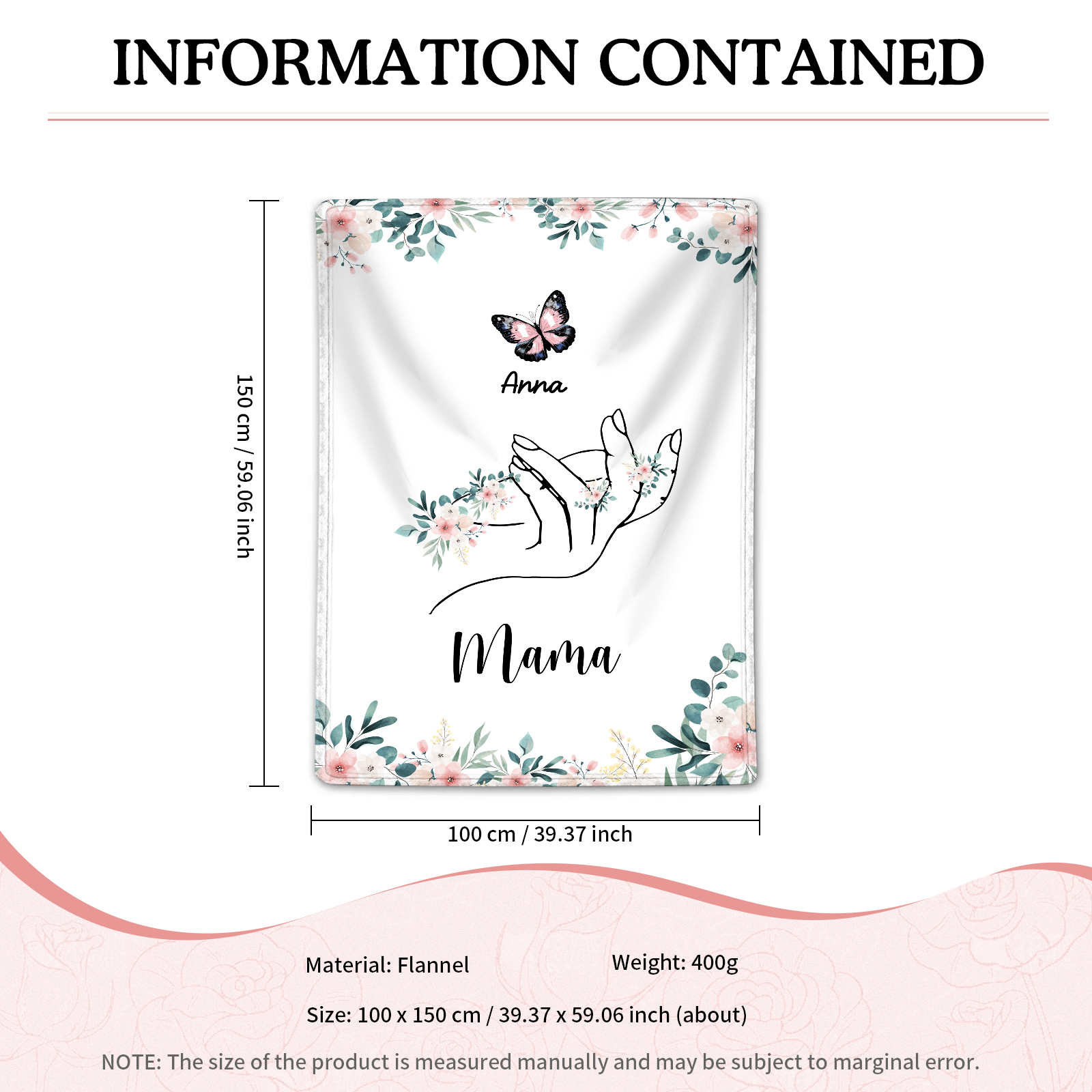 Personalisierte 1-8 Namen & Text Schmetterling & Hand Flanell Decke – Kuscheliges Geschenk für Mutter Familie