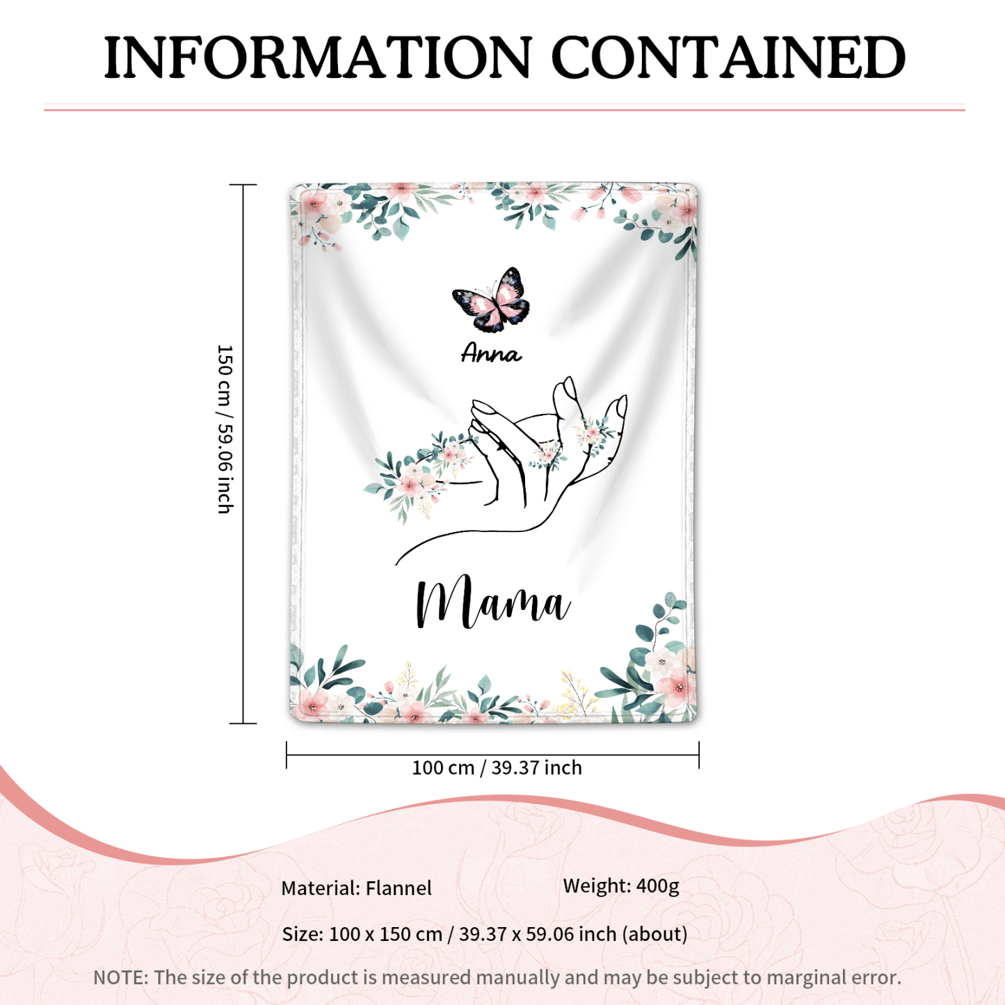 Personalisierte 1-8 Namen & Text Schmetterling & Hand Flanell Decke – Kuscheliges Geschenk für Mutter Familie