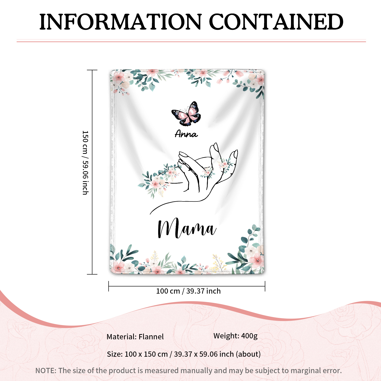 Personalisierte 1-8 Namen & Text Schmetterling & Hand Flanell Decke – Kuscheliges Geschenk für Mutter Familie
