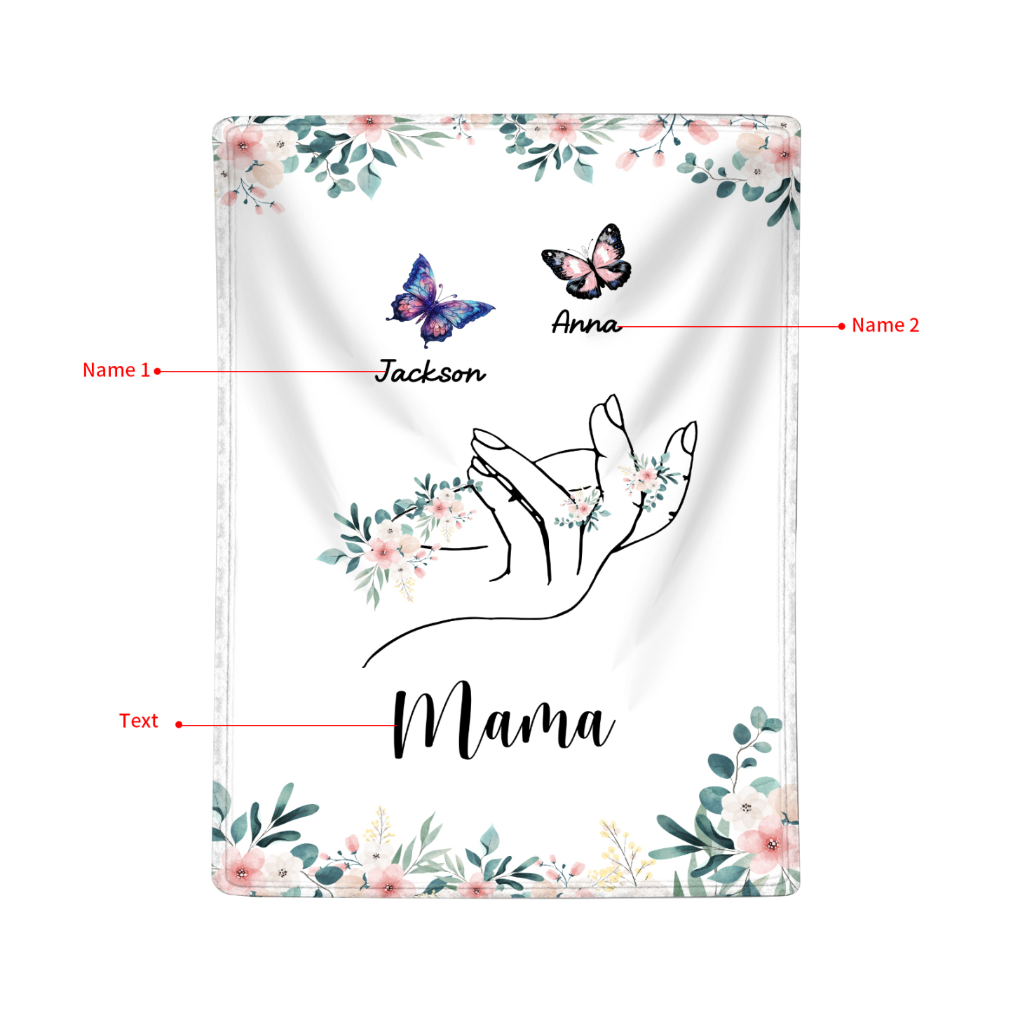 Personalisierte 1-8 Namen & Text Schmetterling & Hand Flanell Decke – Kuscheliges Geschenk für Mutter Familie