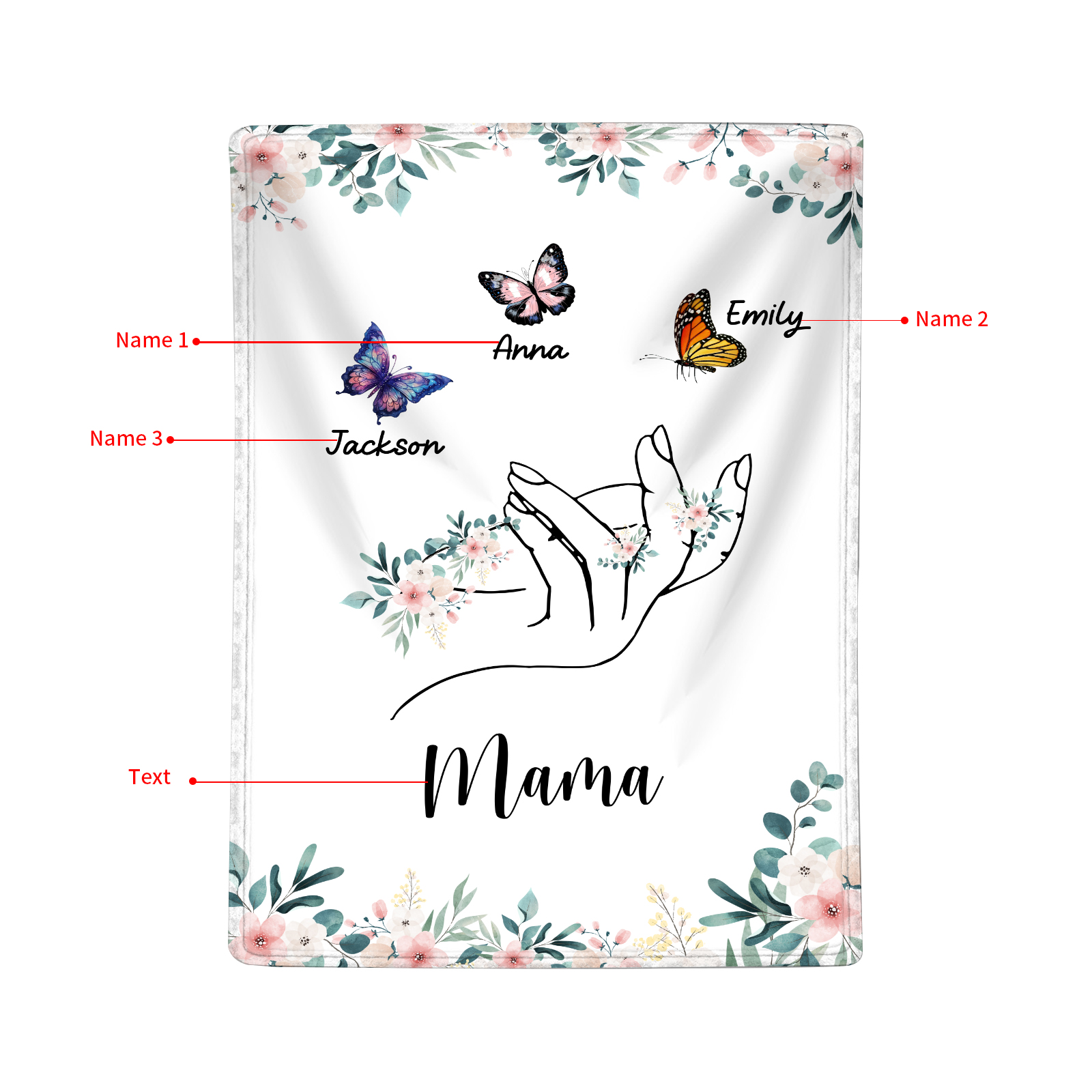 Personalisierte 1-8 Namen & Text Schmetterling & Hand Flanell Decke – Kuscheliges Geschenk für Mutter Familie