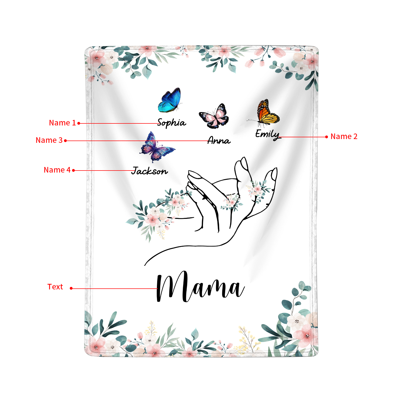 Personalisierte 1-8 Namen & Text Schmetterling & Hand Flanell Decke – Kuscheliges Geschenk für Mutter Familie