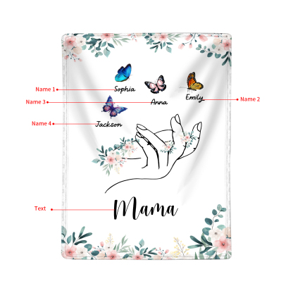 Personalisierte 1-8 Namen & Text Schmetterling & Hand Flanell Decke – Kuscheliges Geschenk für Mutter Familie
