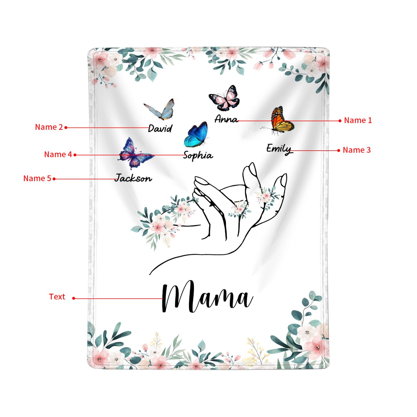 Personalisierte 1-8 Namen & Text Schmetterling & Hand Flanell Decke – Kuscheliges Geschenk für Mutter Familie