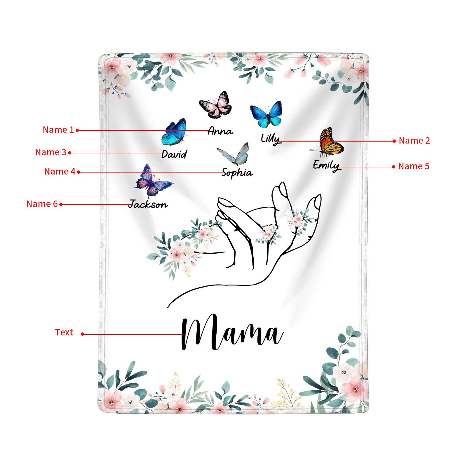 Personalisierte 1-8 Namen & Text Schmetterling & Hand Flanell Decke – Kuscheliges Geschenk für Mutter Familie