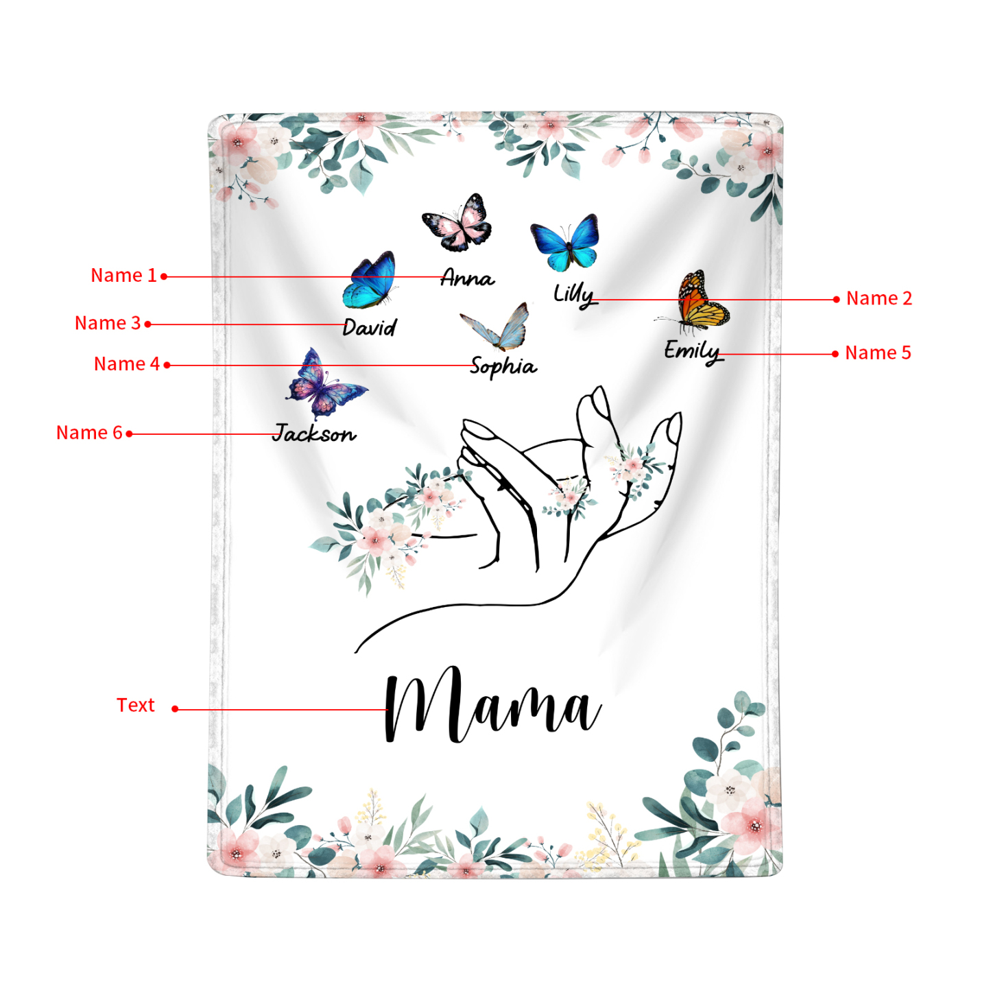 Personalisierte 1-8 Namen & Text Schmetterling & Hand Flanell Decke – Kuscheliges Geschenk für Mutter Familie