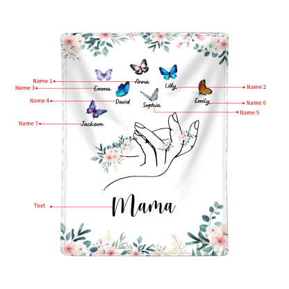 Personalisierte 1-8 Namen & Text Schmetterling & Hand Flanell Decke – Kuscheliges Geschenk für Mutter Familie