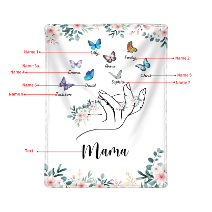 Personalisierte 1-8 Namen & Text Schmetterling & Hand Flanell Decke – Kuscheliges Geschenk für Mutter Familie