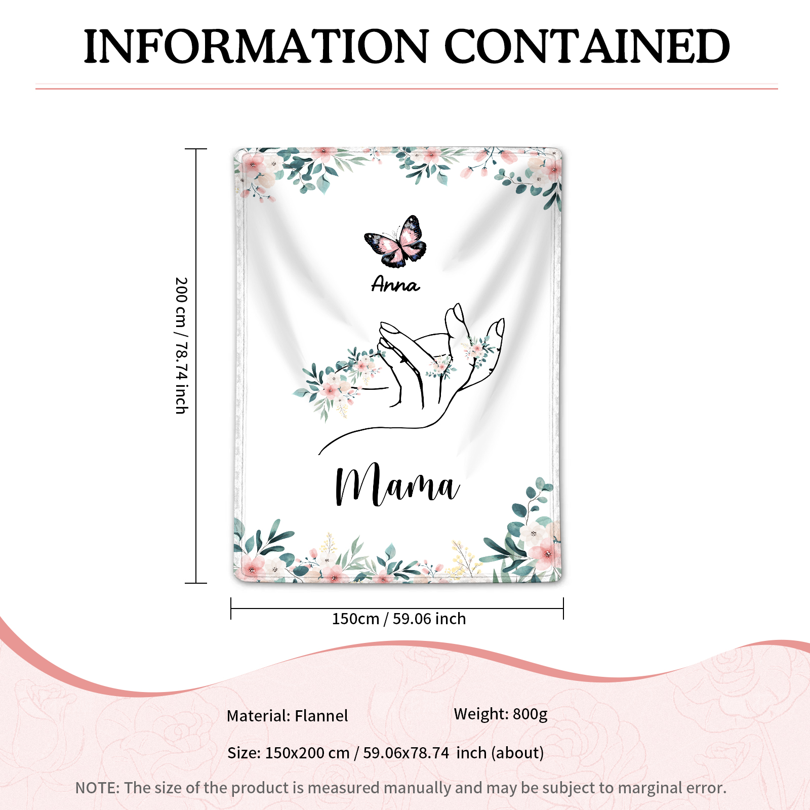 Personalisierte 1-8 Namen & Text Schmetterling & Hand Flanell Decke – Kuscheliges Geschenk für Mutter Familie