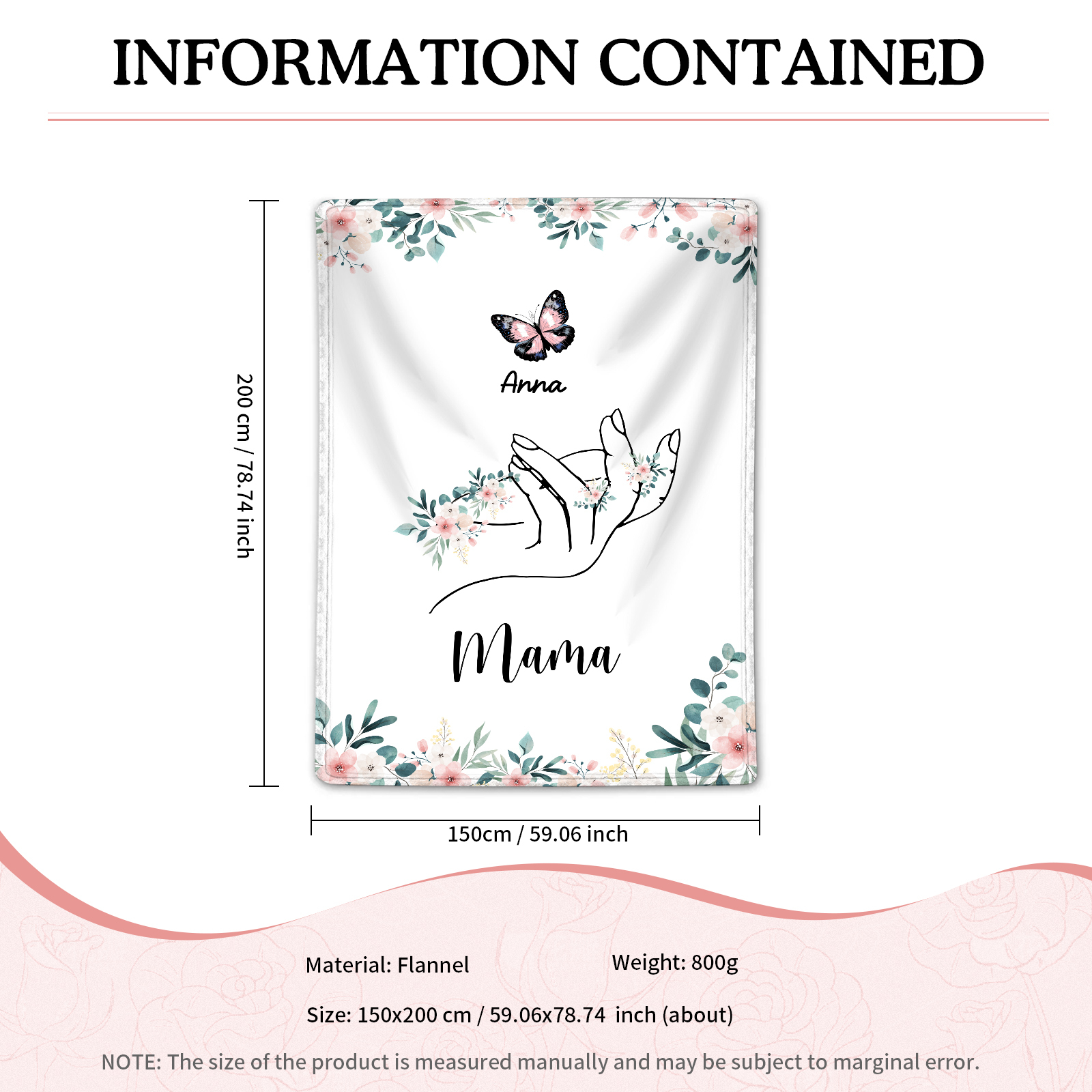 Personalisierte 1-8 Namen & Text Schmetterling & Hand Flanell Decke – Kuscheliges Geschenk für Mutter Familie