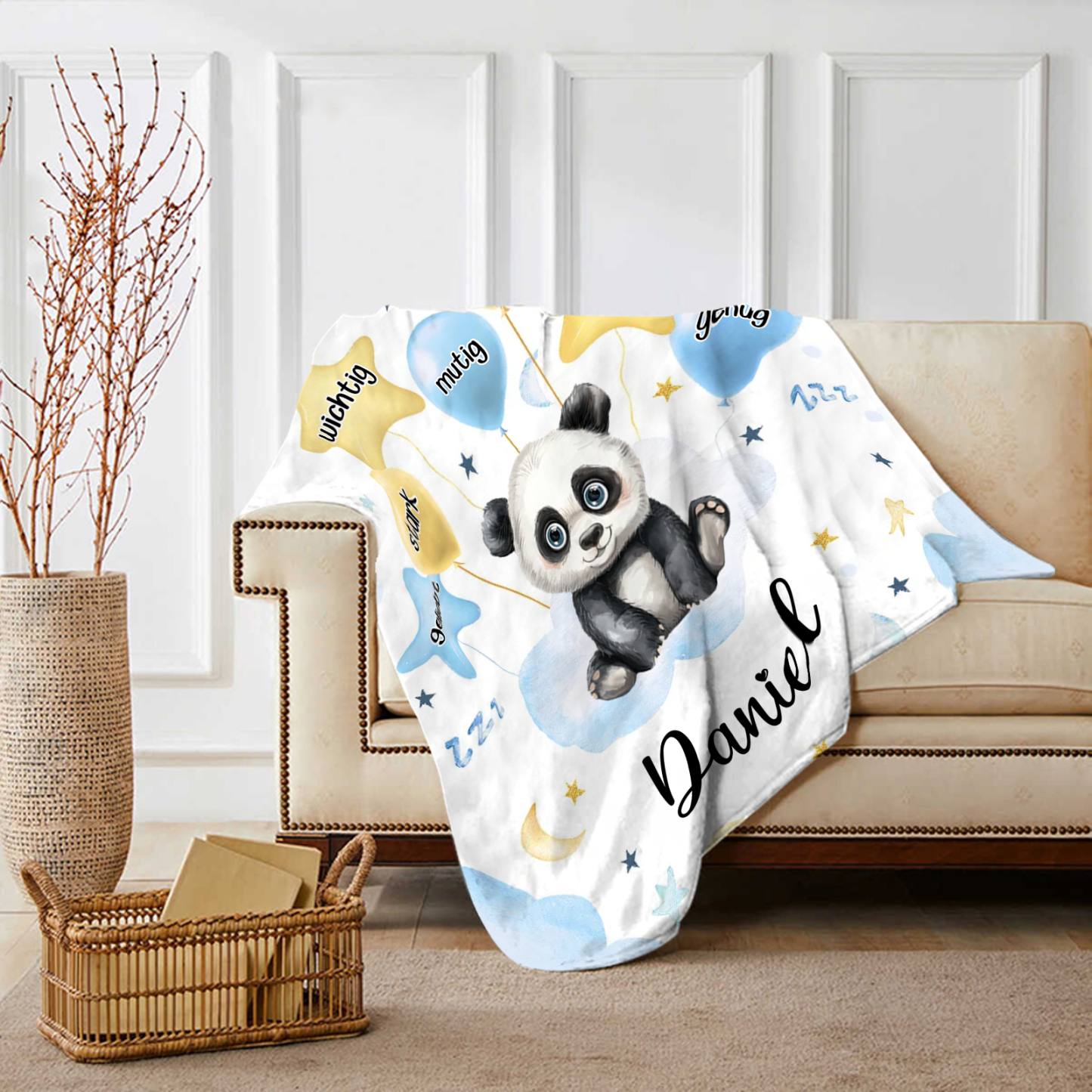 Personalisierte 1 Name Flanell-Decke in Blau mit 10 verschiedenen süßen Tiermotiven – Kuschelige KInder Decke für Jungen Kinder