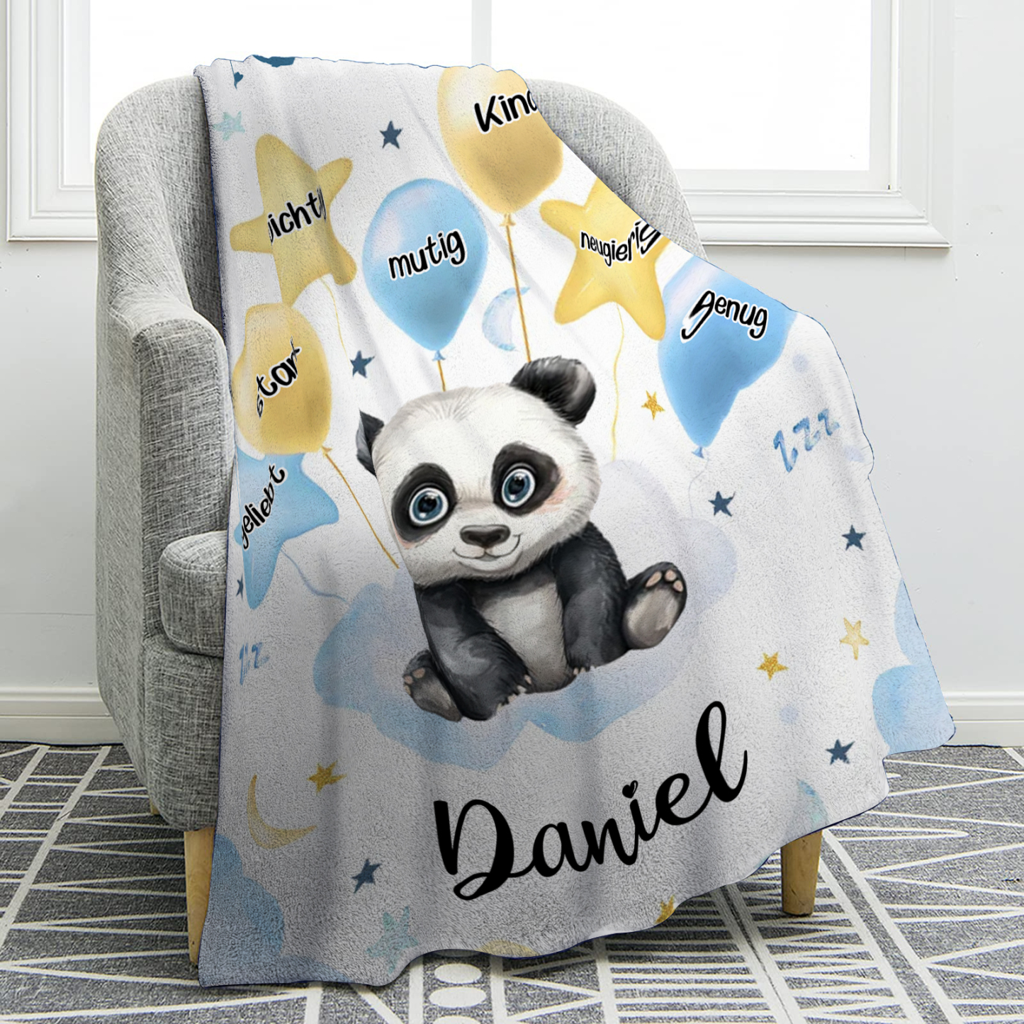Personalisierte 1 Name Flanell-Decke in Blau mit 10 verschiedenen süßen Tiermotiven – Kuschelige KInder Decke für Jungen Kinder