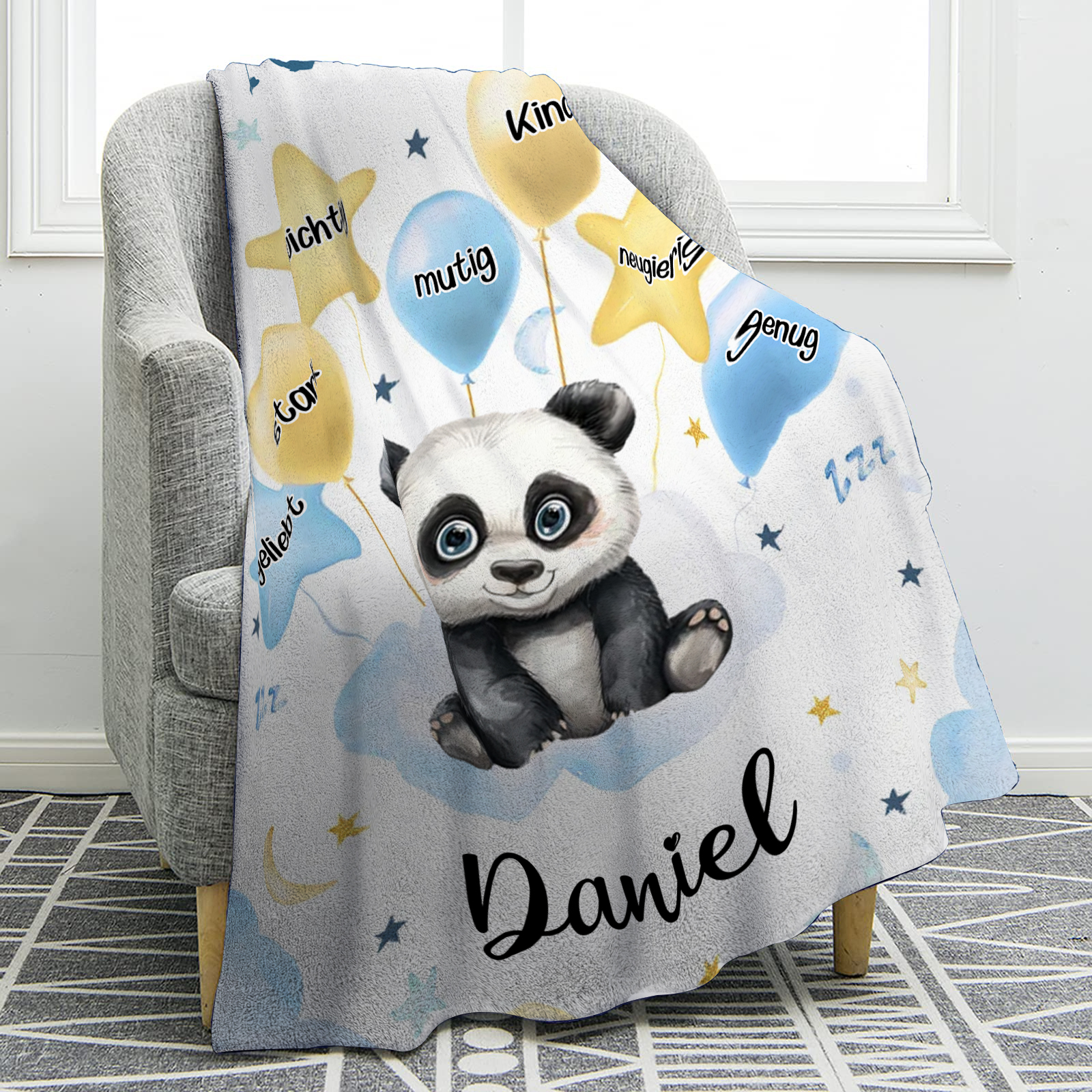 Personalisierte 1 Name Flanell-Decke in Blau mit 10 verschiedenen süßen Tiermotiven – Kuschelige KInder Decke für Jungen Kinder