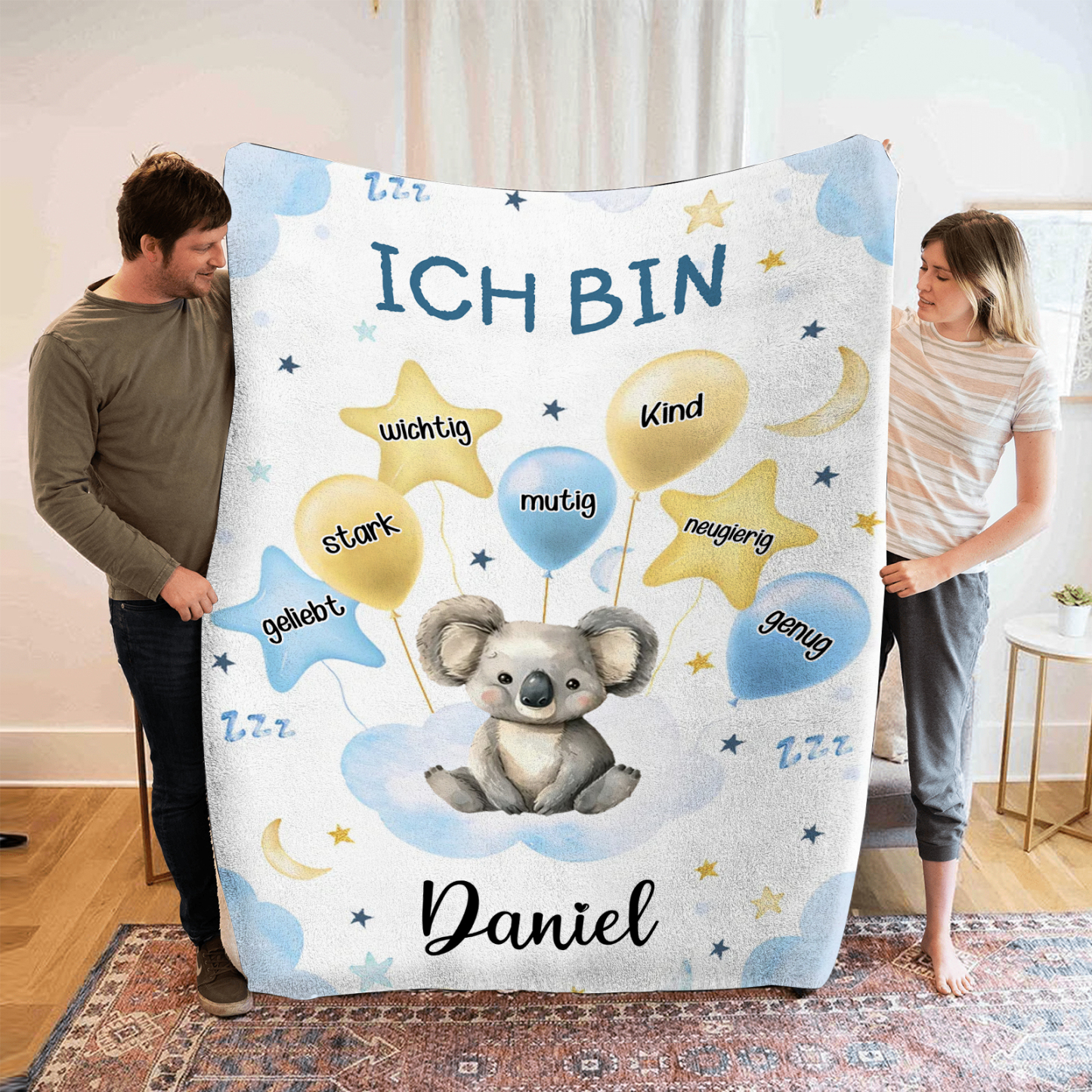 Personalisierte 1 Name Flanell-Decke in Blau mit 10 verschiedenen süßen Tiermotiven – Kuschelige KInder Decke für Jungen Kinder
