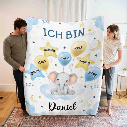 Personalisierte 1 Name Flanell-Decke in Blau mit 10 verschiedenen süßen Tiermotiven – Kuschelige KInder Decke für Jungen Kinder