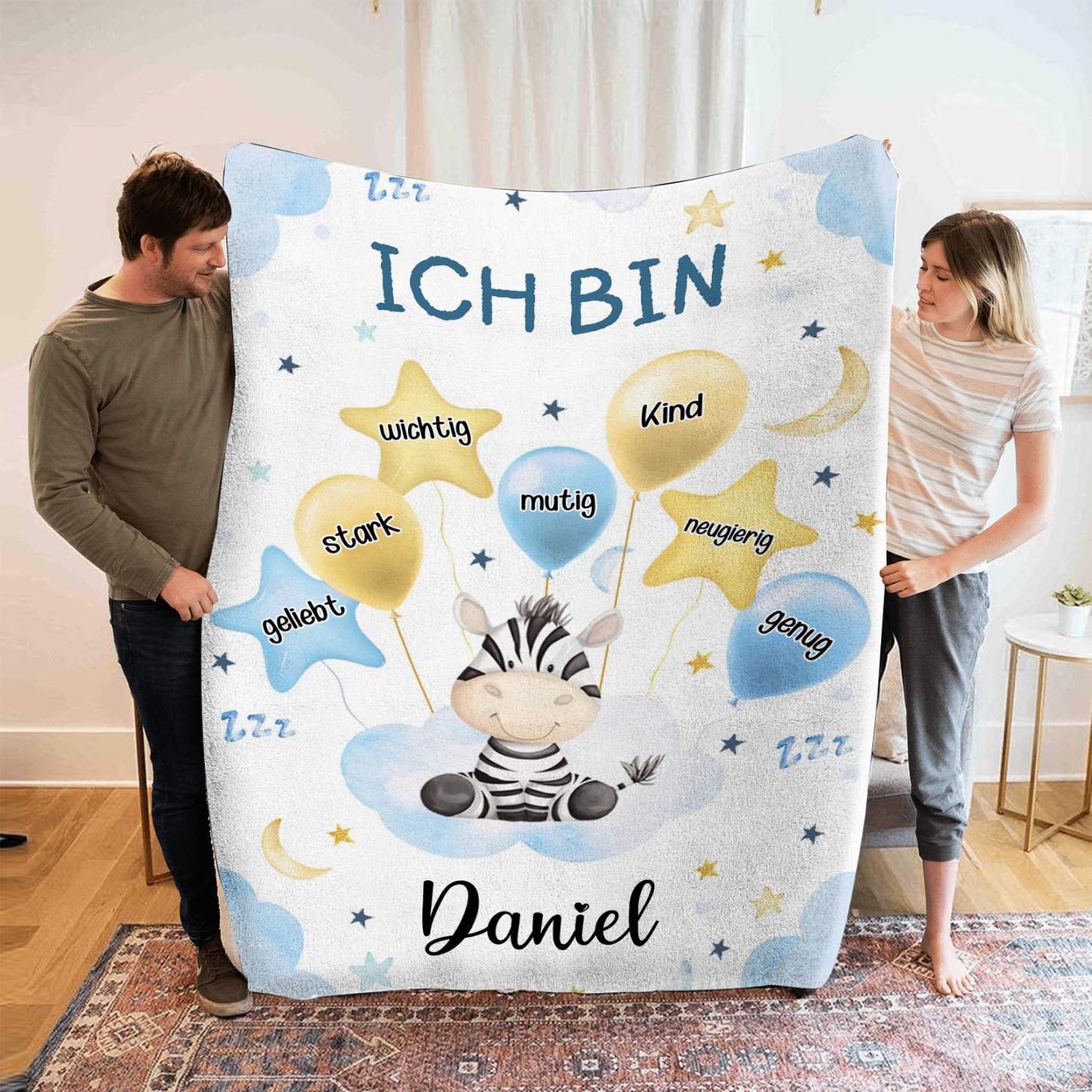 Personalisierte 1 Name Flanell-Decke in Blau mit 10 verschiedenen süßen Tiermotiven – Kuschelige KInder Decke für Jungen Kinder