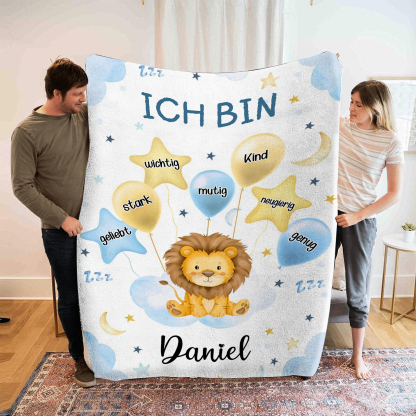 Personalisierte 1 Name Flanell-Decke in Blau mit 10 verschiedenen süßen Tiermotiven – Kuschelige KInder Decke für Jungen Kinder