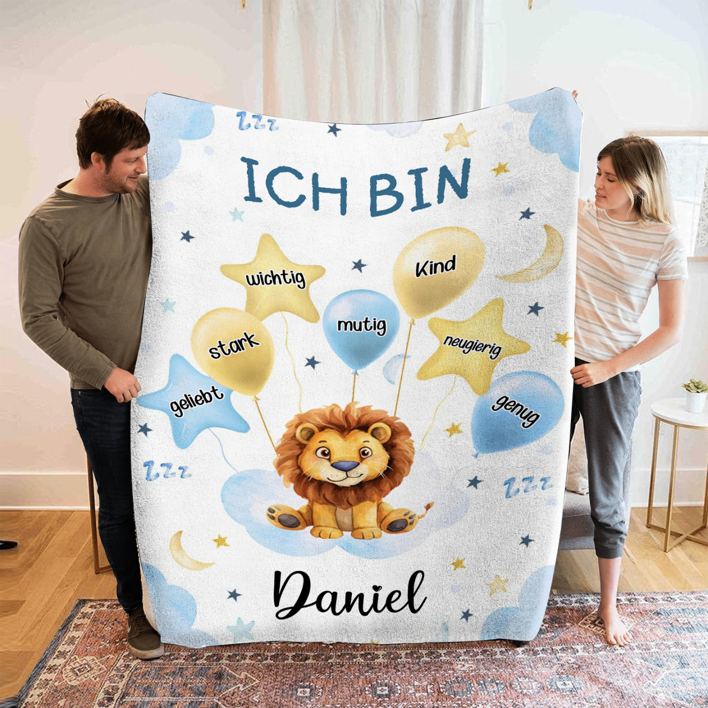 Personalisierte 1 Name Flanell-Decke in Blau mit 10 verschiedenen süßen Tiermotiven – Kuschelige KInder Decke für Jungen Kinder