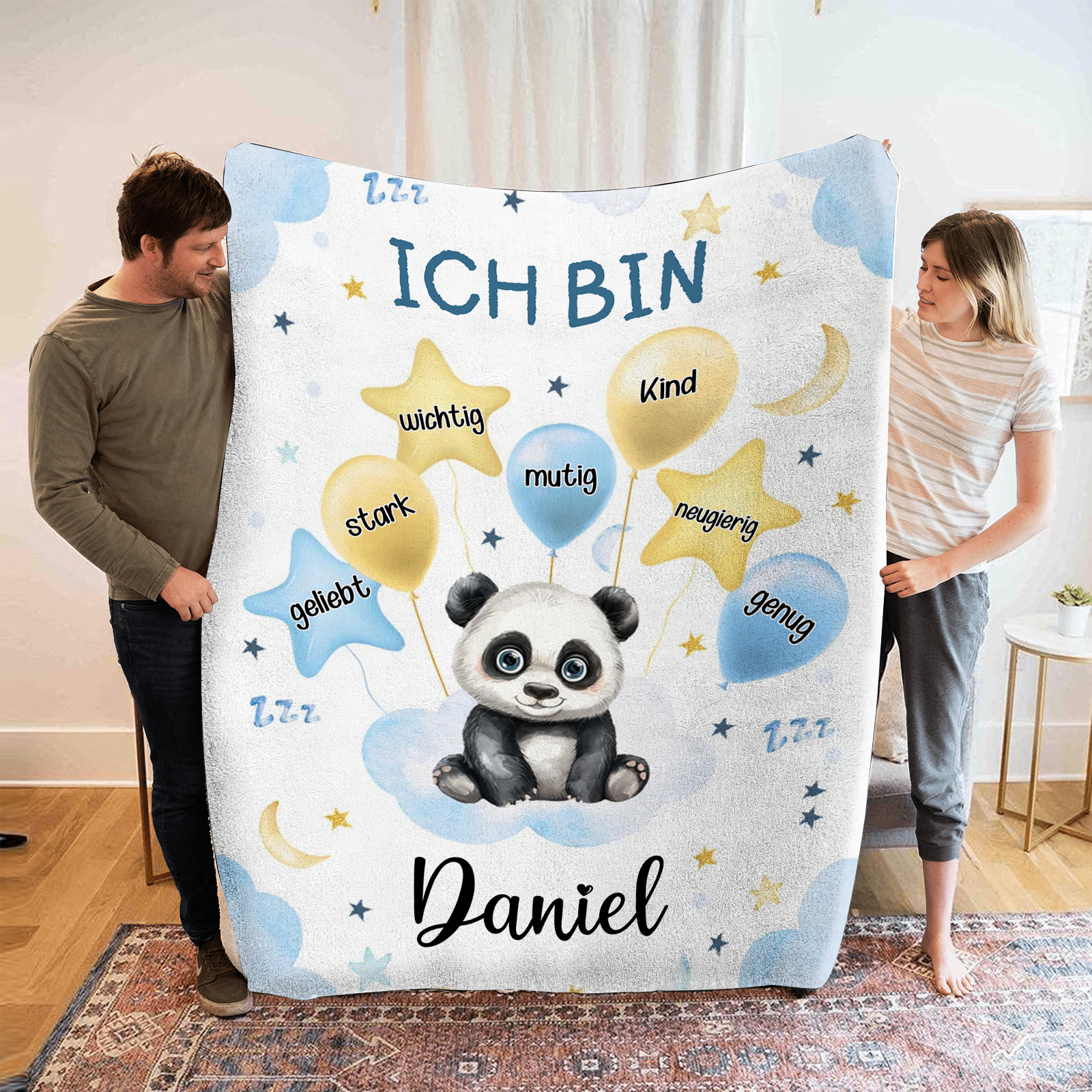 Personalisierte 1 Name Flanell-Decke in Blau mit 10 verschiedenen süßen Tiermotiven – Kuschelige KInder Decke für Jungen Kinder