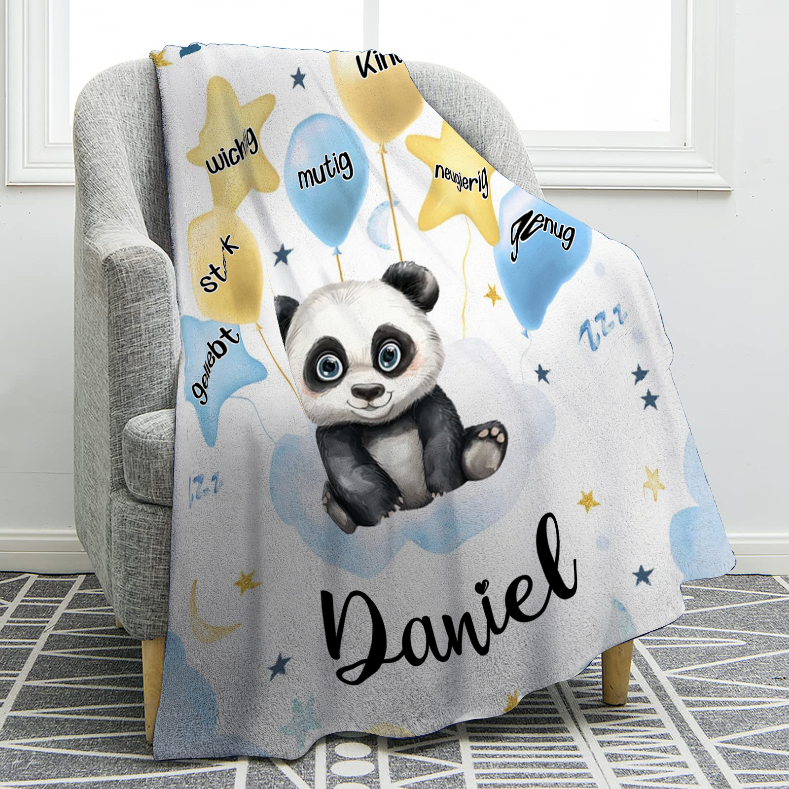 Personalisierte 1 Name Flanell-Decke in Blau mit 10 verschiedenen süßen Tiermotiven – Kuschelige KInder Decke für Jungen Kinder