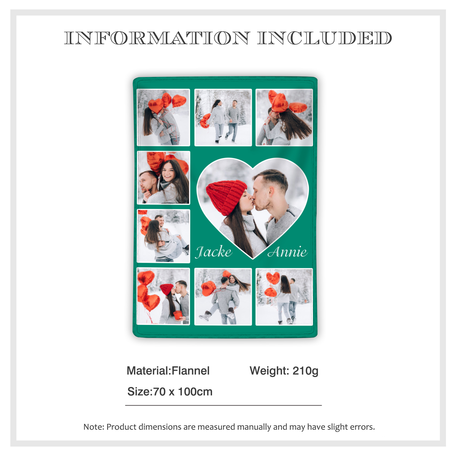 Personalisierte 9 Fotos & 2 Namen Flanell-Decke in 9 Farben erhältlich – Kuschelige Decke für Paar