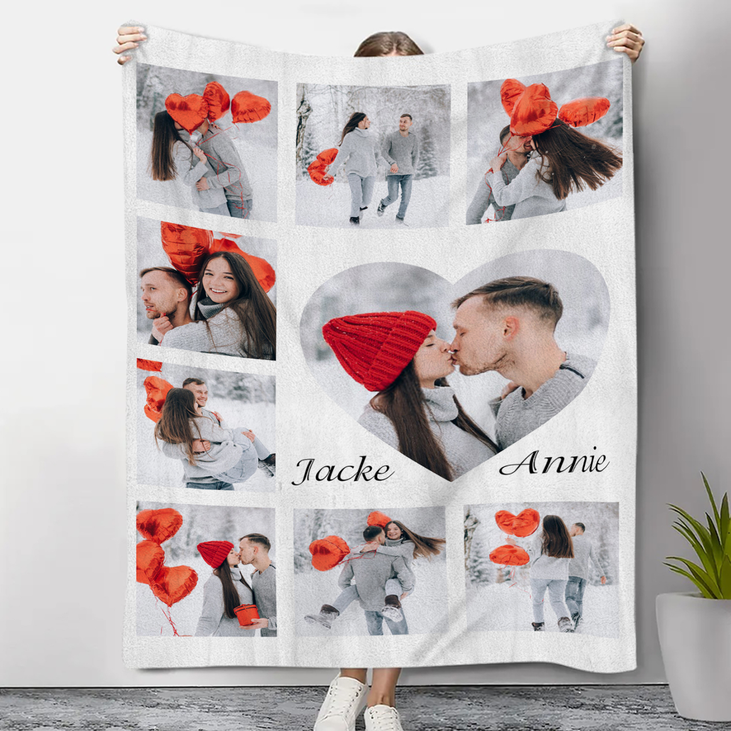 Personalisierte 9 Fotos & 2 Namen Flanell-Decke in 9 Farben erhältlich – Kuschelige Decke für Paar