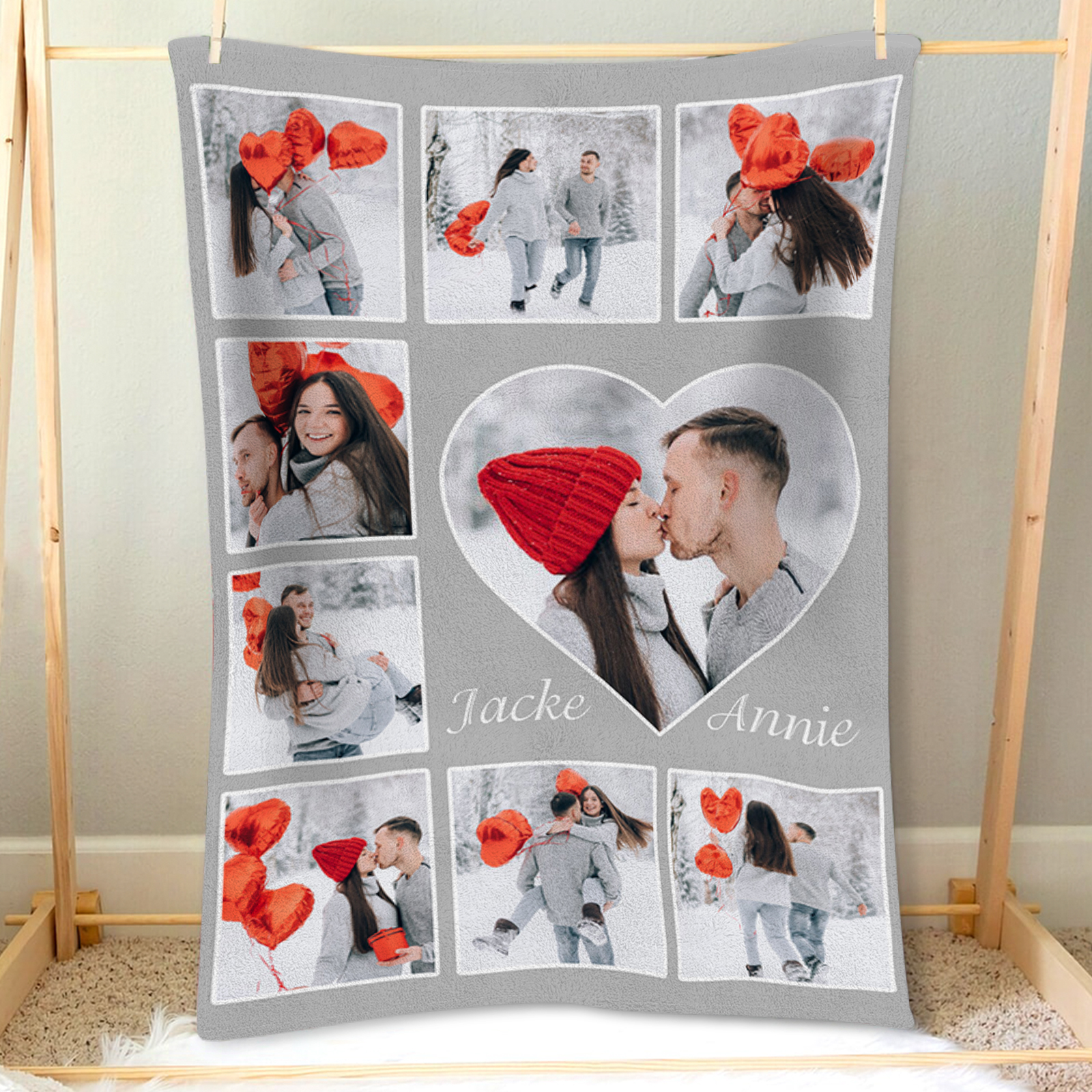 Personalisierte 9 Fotos & 2 Namen Flanell-Decke in 9 Farben erhältlich – Kuschelige Decke für Paar