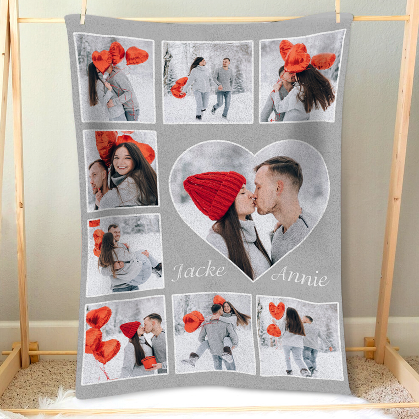 Personalisierte 9 Fotos & 2 Namen Flanell-Decke in 9 Farben erhältlich – Kuschelige Decke für Paar