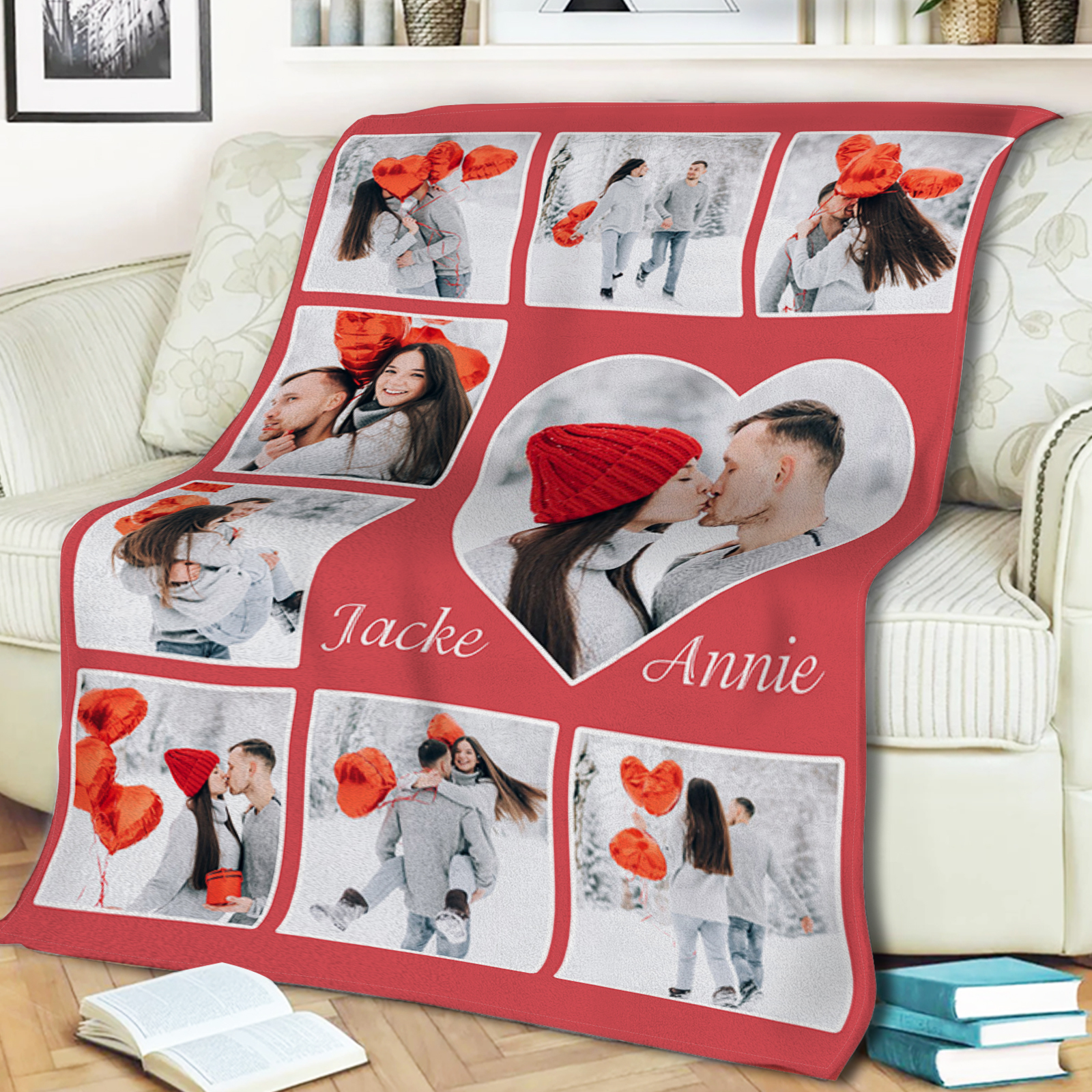 Personalisierte 9 Fotos & 2 Namen Flanell-Decke in 9 Farben erhältlich – Kuschelige Decke für Paar